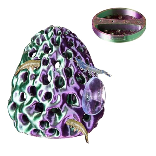 Image of Shrimp Dome Hide, Shrimp Hides for Aquarium, Betta Fish Hideout with Suction Cup, Betta Habitat Tank Ornament Accessories, Aquarium Decor for Small Fish Guppy Hiding Resting (Lid Green Purple)