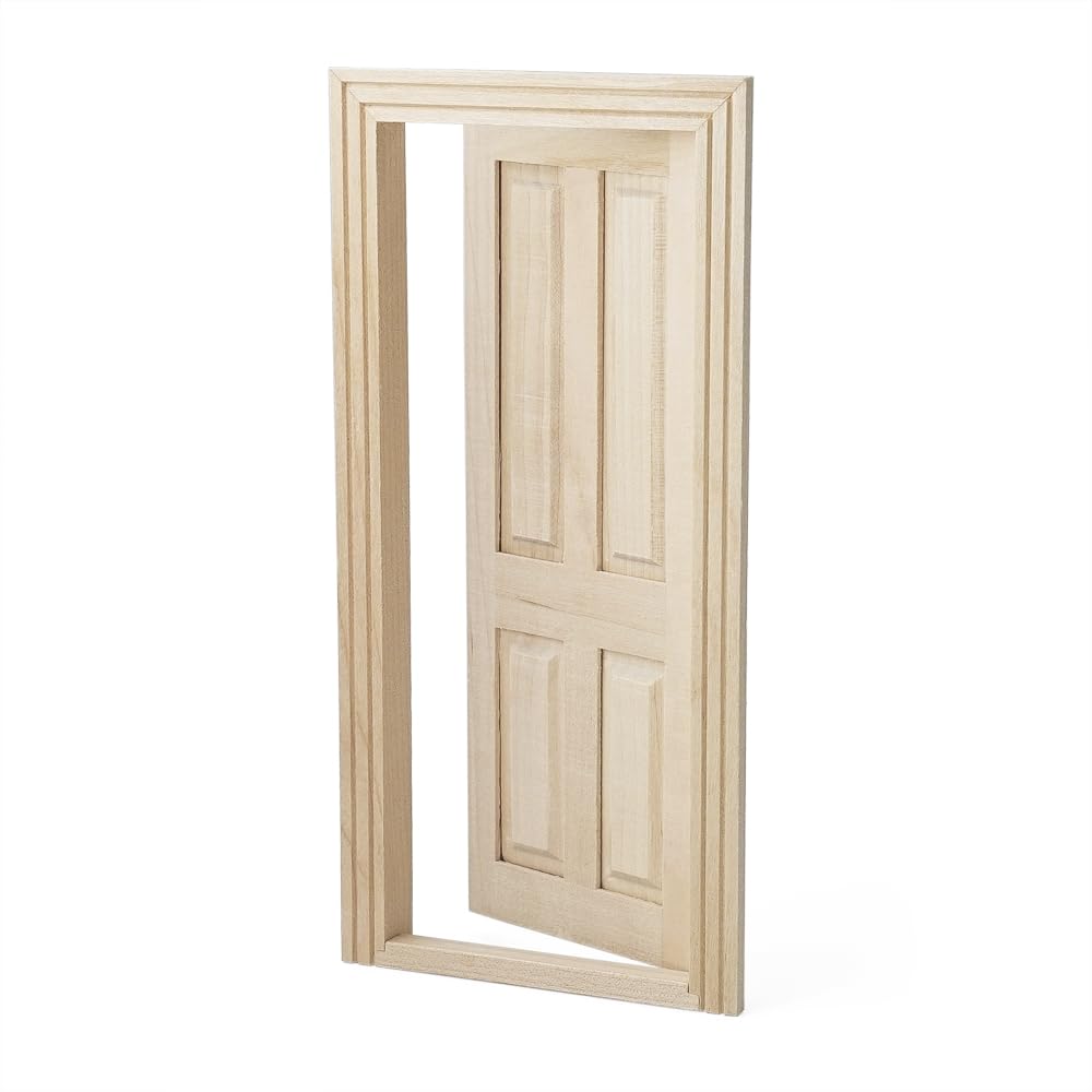 Odoria Dollhouse Front Door Miniature: 1/12 Scale Panel Doors for Elf Fairy Garden Outdoor - Mini Entry Gate Unfinished Wood - Tiny Furniture Building Construction Model, Flat Top, Inswing