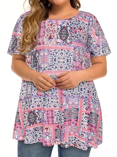 JOELLYUS Plus Size Tops for Women Tunic Floral Casual Short Sleeves T Shirts Flowy Blouses