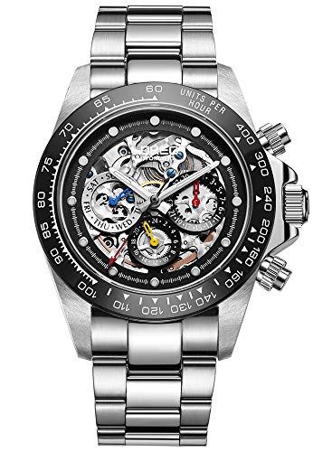 LOREO Mens Automatic Watch Skeleton Hollow Out Dial Sapphire Crystal Mechanical Self-Winding Silver Stainless Steel Waterproof Watch