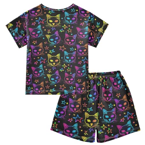 Neon Cartoon Cats Stars Summer Cute Pajama Sets, Short Sets for Daily Wears and Sleep Wears2