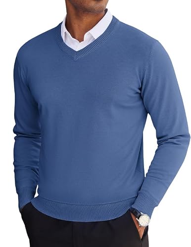 COOFANDY Men's V Neck Pullover Sweater Long Sleeve Casual Dress Sweater Slim Fit Knit Lightweight Thin Sweaters Blue Gray Grey Large