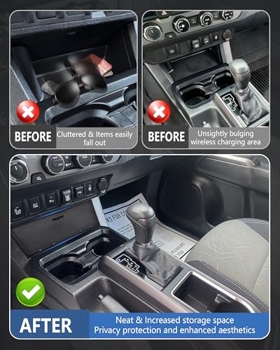 Image of Center Console Hidden Storage Cover for Toyota Tacoma 2016-2023 Accessories | Premium ABS Plastic Anti-Dust Center Console Privacy Cover Protector for Wireless Charging & Non Charging Model