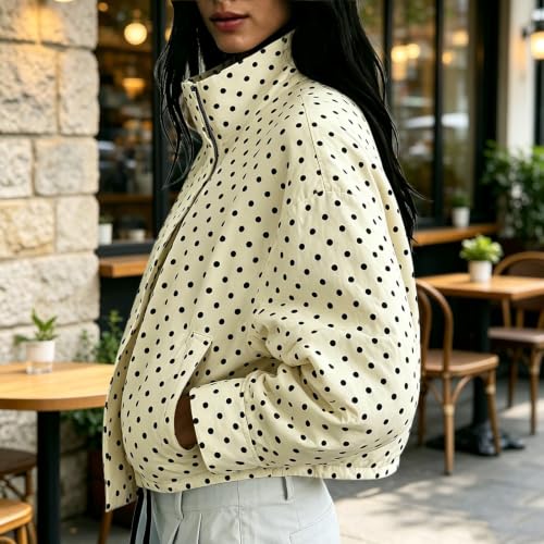 YNCSZEC Women Polka Dot Stand Collar Jacket Long Sleeve Zip Up Drawstring Lightweight Casual Fashion Outerwear with Pockets Khaki women jackets fall S - image 6