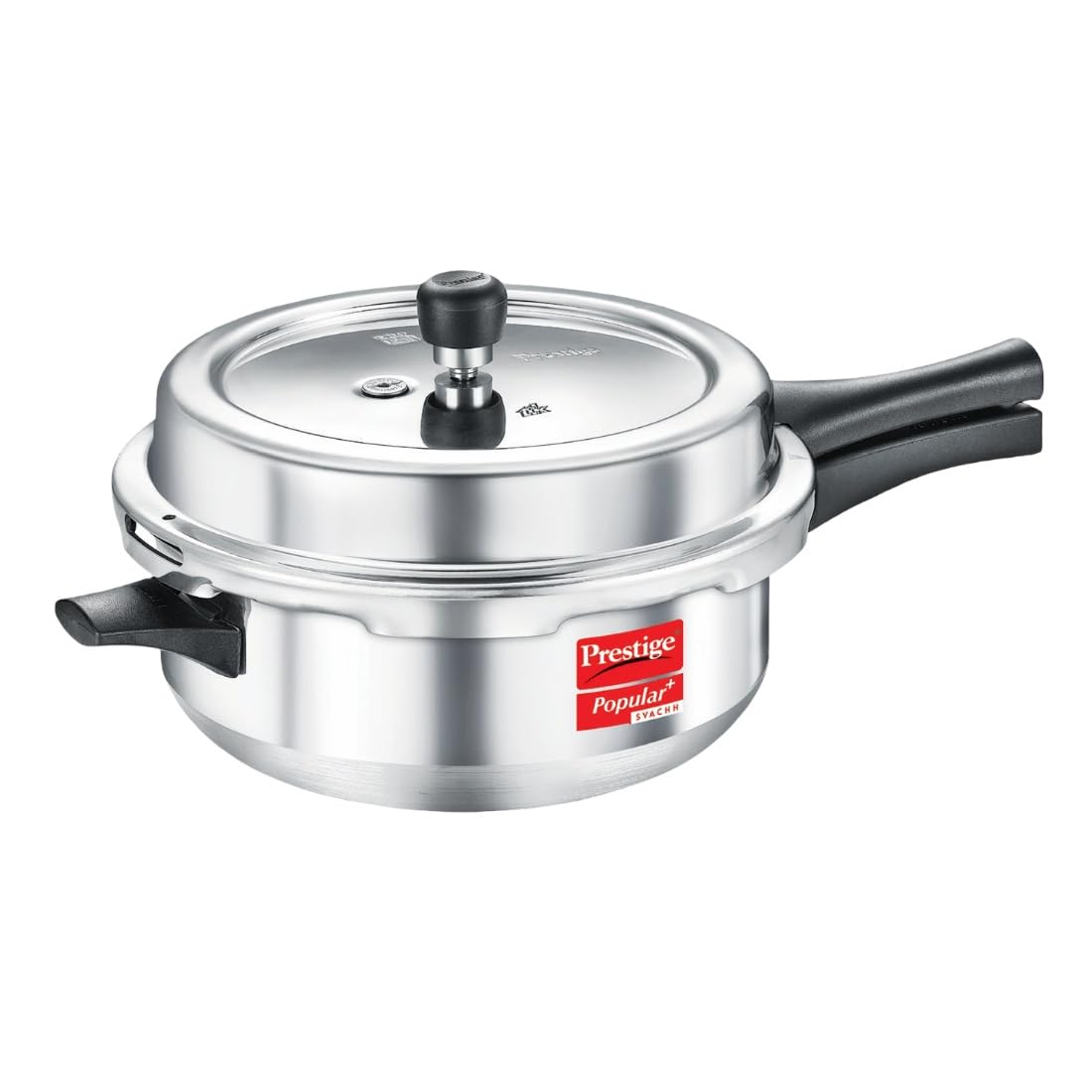 prestige popular plus svachh aluminium 4 l junior deep pan pressure cooker|controls spillage|metallic safety plug|gas and induction compatible|silver| 5 years warranty