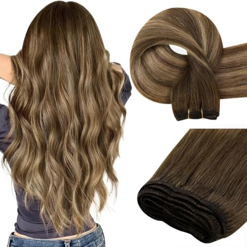 Image of Easyouth Hair Extensions Sew in Balayage Human Hair Weft Extensions Dark Brown Fading to Caramel Blonde Mix Brown Balayage Softness Sew in Human Hair Extension for Short Hair 12 Inch 70G