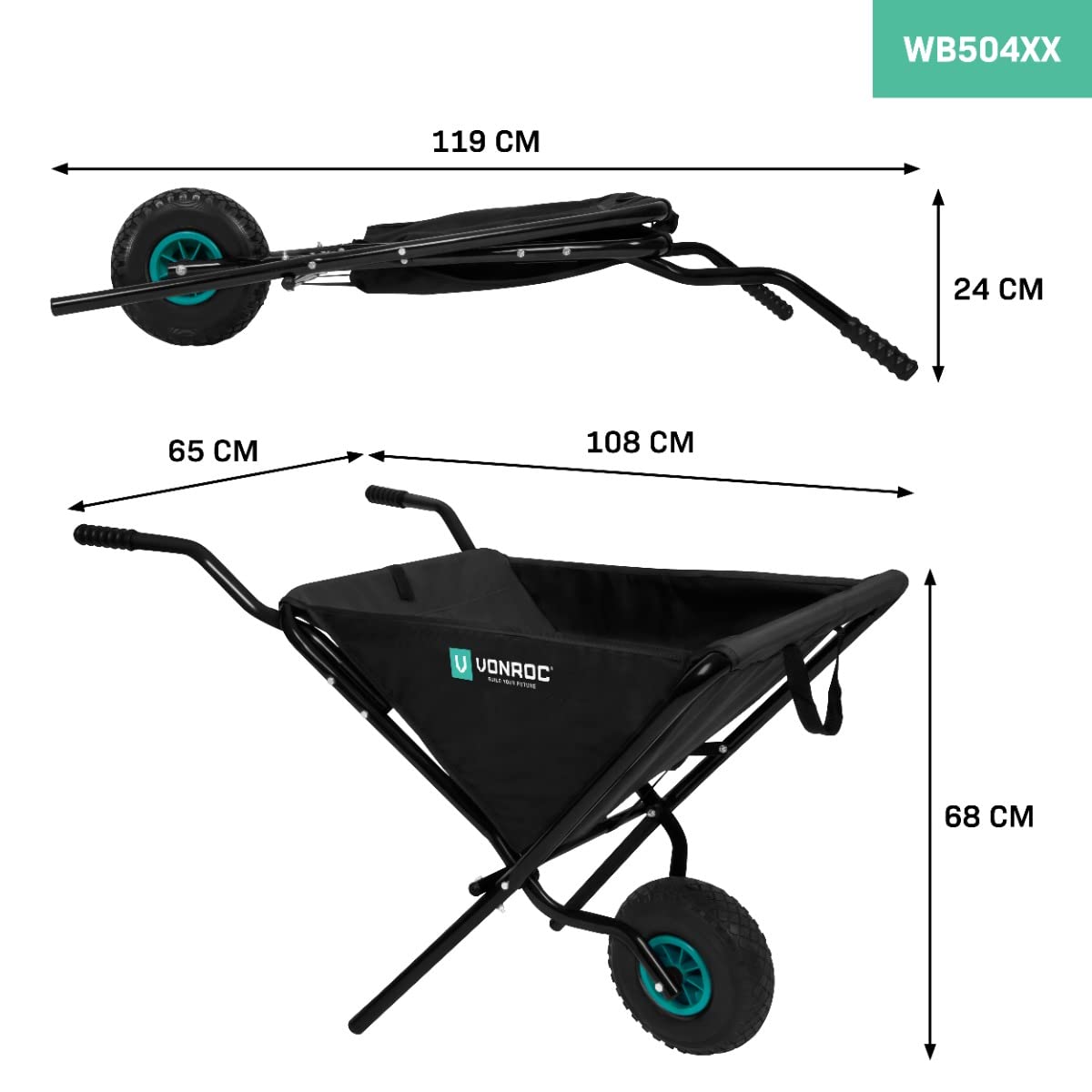 VONROC Schubkarre 50 Liter - Schubkarren faltbar mit Luft Gummireigen - Ideal als Gartenwagen und Transportkarre - Bis 30kg Belastbarkeit