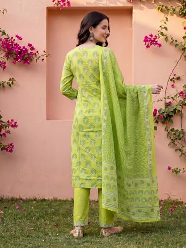 Image of INDO ERA Women's Pure Cotton Printed Straight Kurta & Pant with Dupatta Set