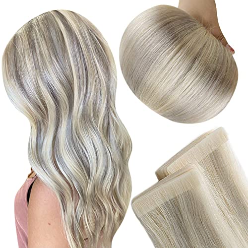 Full Shine Tape in Hair Extensions 16 Inch Inject Tape in Human Hair Extensions Color 19A Highlight with 60 Platinum 2.5 Gram Per Pieces Invisible Remy Hair Extensions 5 Pieces 12.5 Gram
