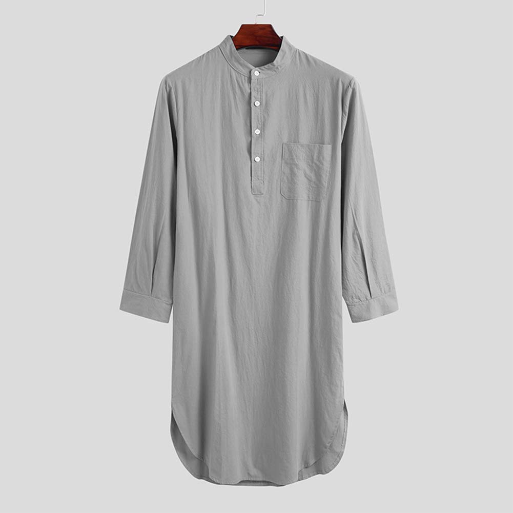 Bawełniane koszule do spania dla mężczyzn - Męska bielizna nocna z długim rękawem Henley Neck Nightgown Islamic Arab Robe