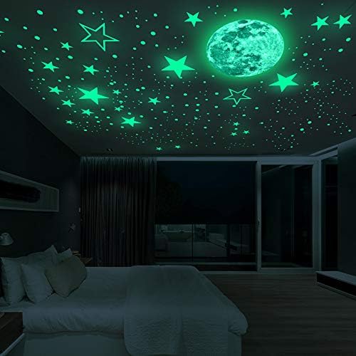Luminous Wall Decals Ceiling Stickers Glow in The Dark Moon and Stars Starry Sky Shining Decals Room Decoration Perfect Gifts for Kids Bedroom Bedding Room, 1 Moon + 436 Stars and Dots