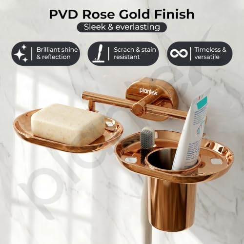 Image of Plantex J4 Stainless Steel Soap Dish with Tumbler Holder /Soap and Brush Holder for Bathrooom /2 in 1 Soap Holder with Toothbrush Holder /Bathroom Accessories (PVD Rose Gold Finish) Onix
