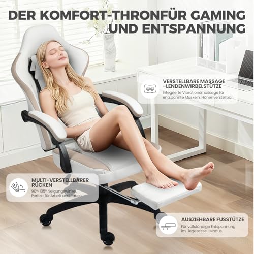 Sedia Gaming con supporto lombare, Ampio Sedile Piatto Poltrona Gaming, Sedie Gaming Ergonomica con cuscinetto in gel e borse di stoccaggio Sedia Game, Beige - Sedia gaming - Immagine 5