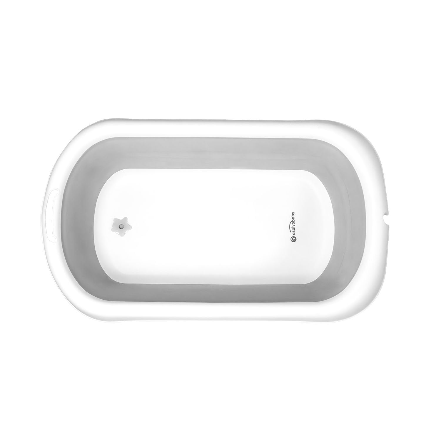 Asalvo Baignoire Bébé Lucca, Pliable et Légère, Mécanisme d'Inclinaison pour Vidange Rapide, Support de Douche Intégré, Pieds Antidérapants, de la Naissance jusqu’à 36 Mois, Blanc/Gris