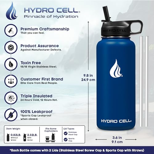 Image of HYDRO CELL Stainless Steel Insulated Water Bottle with Straw - For Cold & Hot Drinks - Metal Vacuum Flask with Screw Cap and Modern Leakproof Sport Thermos for Adults (Navy 32oz)