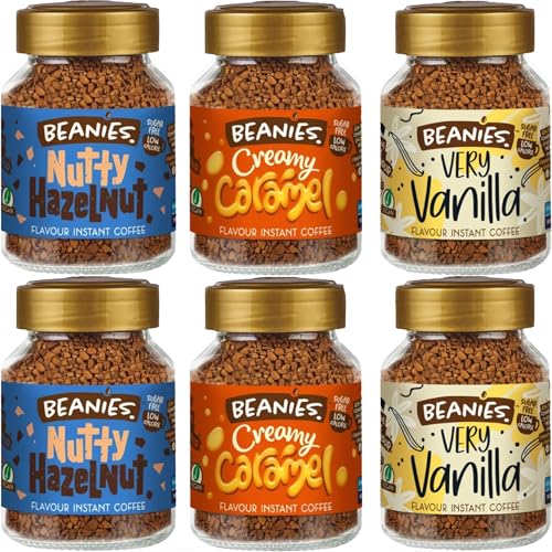 Beanies Flavoured Instant Coffee Variety Pack - 6 x 50g jars - Creamy Caramel, Nutty Hazelnut and Very Vanilla
