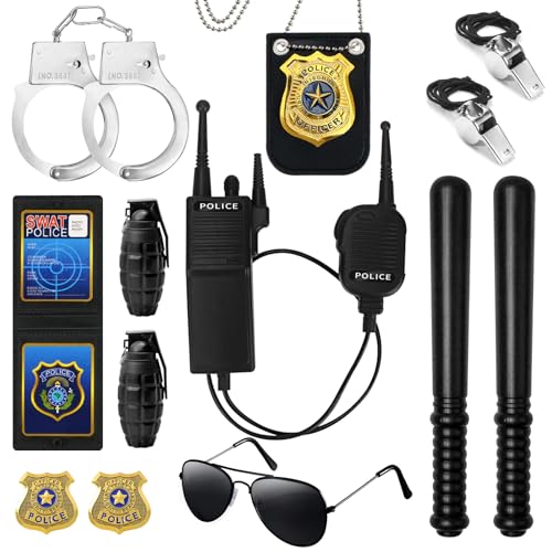 AYSYR Police Costume Accessories for Women Men - 13 Pcs Police Officer Costume Accessorie for Detective Dress-Ups Officer Role Play Kit Includes Hand Cuffs Baton Walkie-Talkie Etc