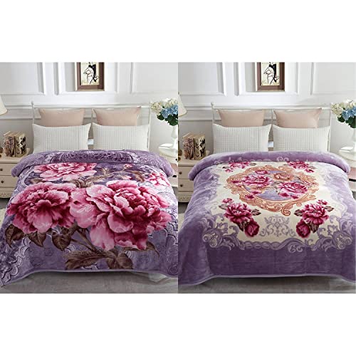 Reversible Mink Blanket Fluffy Fleece Blanket Different Pattern In Each Side Light Purple Queen Floral #TOP24