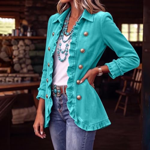Women's Velvet Blazer Ruffle Trim Double Breasted Casual Vintage Jacket - image 3