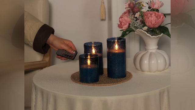 Image of Flickering Flameless Candles with Remote - 3D Wick Battery Operated Candles with Timer, Blue Glass Fake LED Candles for Party Wedding Birthday Holiday Festival Christmas Home Decor Gifts