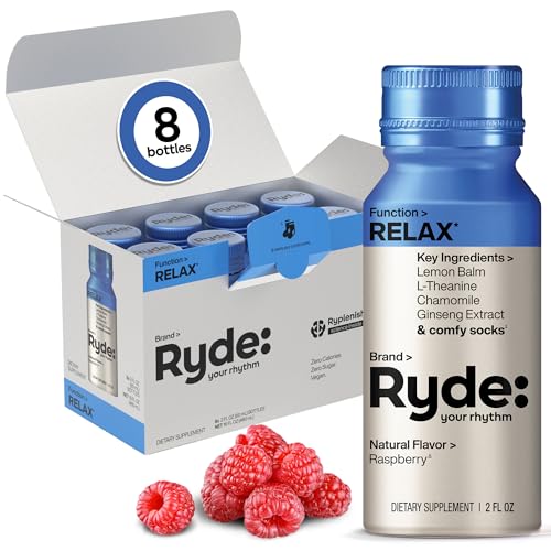Image of Ryde: Relax Shot | Raspberry Flavor | Lemon Balm, L-Theanine, Ginseng & Chamomile | 0 Calories, 0 Sugar | 2 FL OZ Shots | Helps You Relax* (8 Pack)