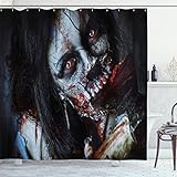Ambesonne Zombie Shower Curtain, Scary Dead Woman with a Bloody Tool Evil Fantasy Gothic Mystery Halloween Picture, Cloth Fabric Bathroom Decor Set with Hooks, 69" W x 70" L, Red Black