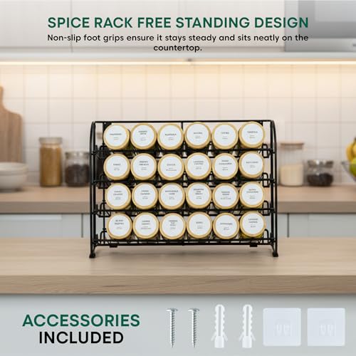 4 Tier Spice Rack Organiser – 2-in-1 Free Standing & Wall Mounted Iron Seasoning Rack with Non-Slip Feet, Space-Saving Kitchen Counter & Cupboard Storage (without Jars) - Image 4