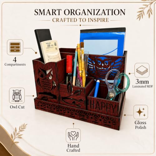 Image of Zesta Wooden Desk Organizer Pen Stand Remote Holder Card Slot | Table Accessory Office Desk Study Room | Pencil Storage Stand Stylish Workspace Decor (Rosewood, Owl Organiser)