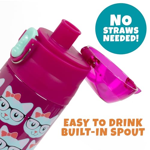 Image of Bentology Stainless Steel 13 Oz Reusable Water Bottle for Kids, Kitty Cat | Double Wall Insulated, Spill Proof Lid W /Built-in Straw- Keep Liquids Hot or Cold- Easily Fits in Lunch Boxes & Bags