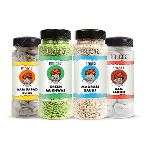 Image of HARIBAS Green Mukhwas 180gm, Madrasi Mukhwas 180gm, Ram Ladoo 180gm and Mango slice 180gm (Pack of 4) | Premium and Sweet Mouth Freshener, Tasty After Meal Digestive