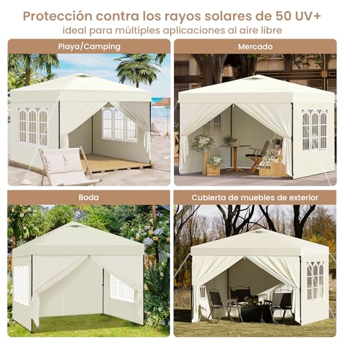 Laneetal Cenador 3x3m, Carpa Plegable para Exterior, Cenador con Paredes Laterales, Gazebo, Pabellón de Jardín para Camping, Pérgola Tienda de Fiestas, Carpa Impermeable, Color Beige - imagen 7