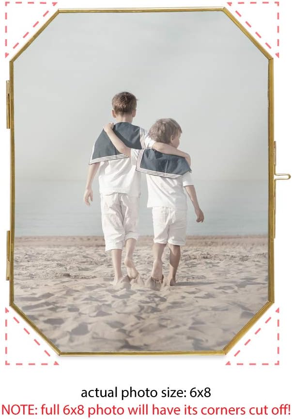 Isaac Jacobs 6x8 Vintage Style Octagon Brass & Glass, Metal Floating Picture Frame with Locket Closure (Vertical), Tabletop Display, (Fits up to a Cutout 6” x 8” - See Image)