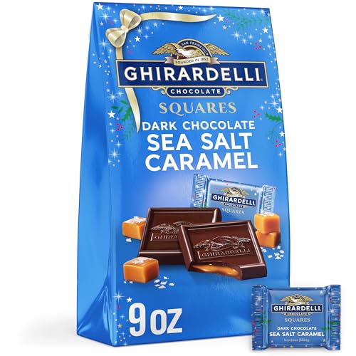 GHIRARDELLI Holiday Dark Chocolate Sea Salt Caramel SQUARES – Limited Edition Individually Wrapped Holiday Candy, 9 oz Bag