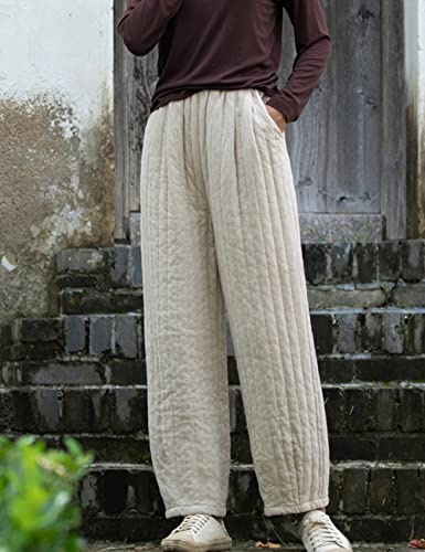 NFYM Women Winter Thick Pants Warm Quilted Cotton Linen Elastic Waist Wide Leg Capris Trousers2