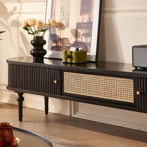 Creative High-Legged TV Cabinet Stand with Sliding Doors - Solid Wood Rattan Storage for Living Room - Stylish Entertainment Center & Television Unit - Image 6