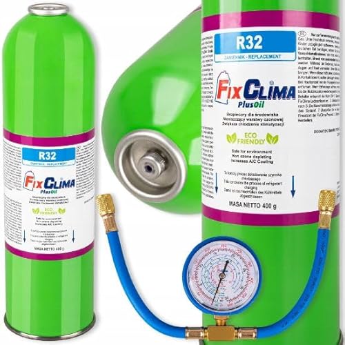 FixClima R32 Kit de recharge de gaz réfrigérant pour climatiseur 400 g avec manomètre professionnel et tuyau de remplissage, pour systèmes de climatisation split et monobloc, facile à utiliser, forte