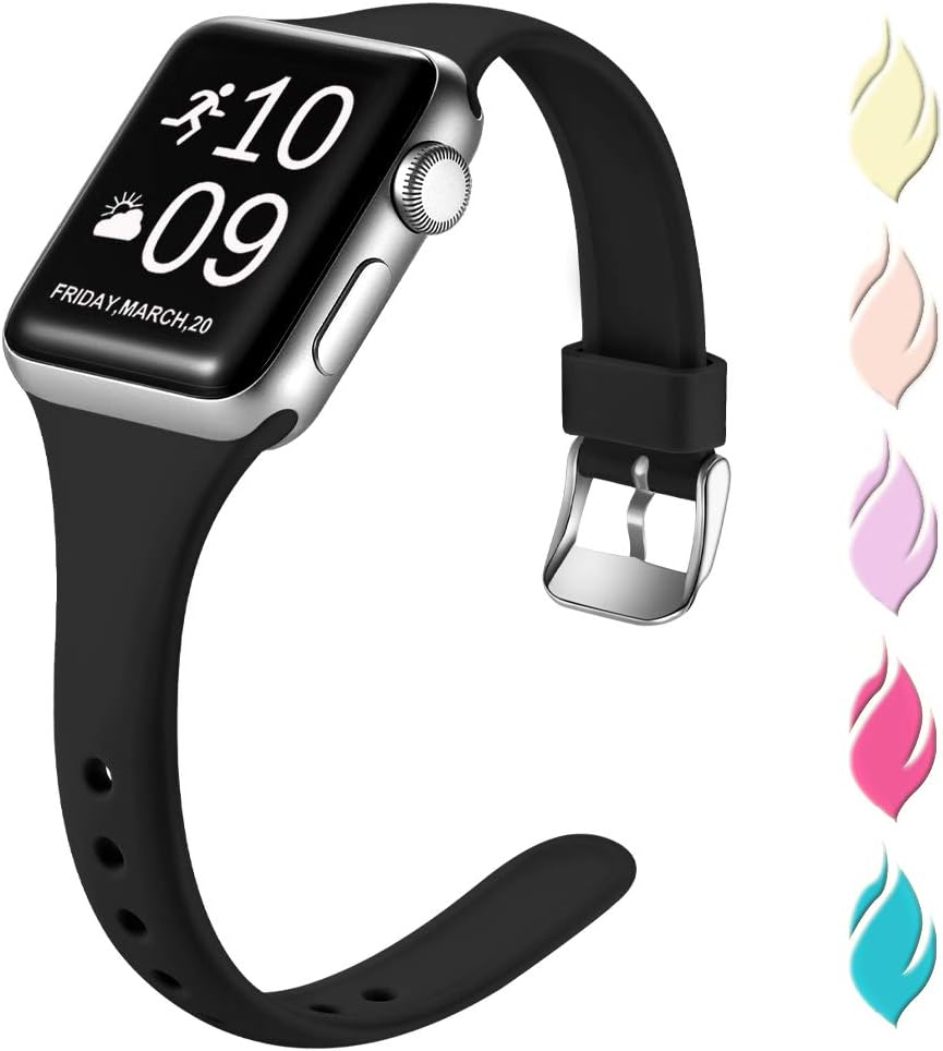 Henva Slim Band Compatible with Apple Watch SE 40mm 38mm, Replacement Accessories Soft Band Wristbands with Stainless Steel Buckle for Apple/iWatch Series 6/5/4/3/2/1, Black, S/M