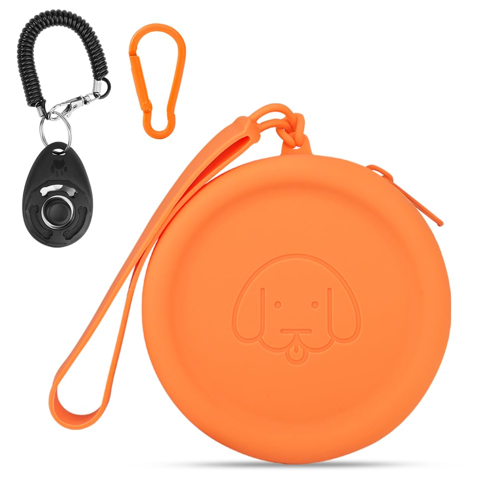 FIDWALL Bolsa de Silicona para golosinas para Perros,con clicker para Perros,Caminar para Mascotas para Perros y Gatos,tamaño de Bolsillo,fácil de Limpiar,diseño de Cremallera(Naranja)