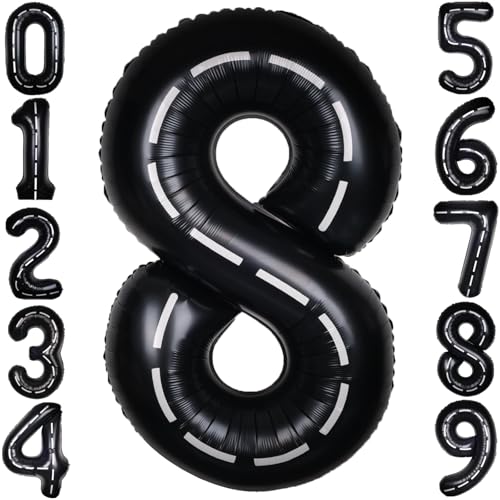 Image of Race Car 40 Inch Black 8 Big Large Helium Balloon Number 0-9 | Track Giant Digital 8th Foil Mylar Party Balloons for Men Birthday Car Theme Party Anniversary Graduation Decorations