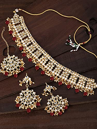 Image of Aheli Elegant Indian Faux Kundan Studded Choker Necklace with Maang Tikka Set Ethnic Wedding Wear Bharatanatyam jewellery set Gift for Women
