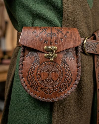 Image of Leather Belt Pouch Medieval Vintage Renaissance Viking LARP Cosplay Costumes Drawstring Coin Purse Phone Holder Waist Bag (Z-Dragon-Brown)