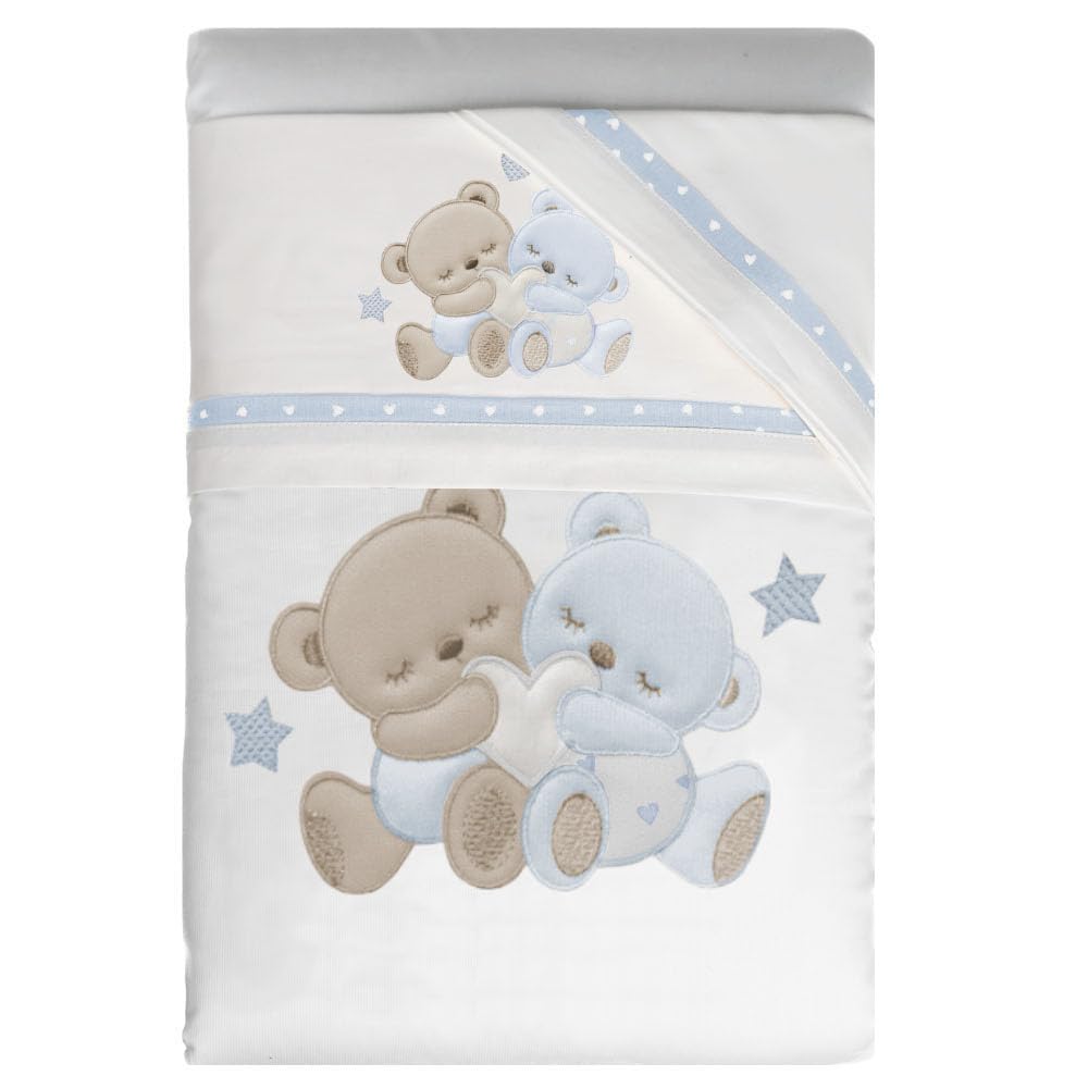 Set Corredo Letto Piumone Lenzuolo Federa Lettino Neonato Trapunta Culla Bambino Sfoderabile Anallergico Traspirante Antiacaro Antisoffoco Antiallergico (NEXT2ME, Serie “My Family” Cielo)