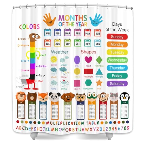 Image of Funny Kids Shower Curtain, ABC Educational Restroom Curtain with Vehicle Smathematical Knowledge for Boys Girls, Gute Pupil Students Learning Tools Cloth Fabric Bathroom Accessories Decor with Hooks