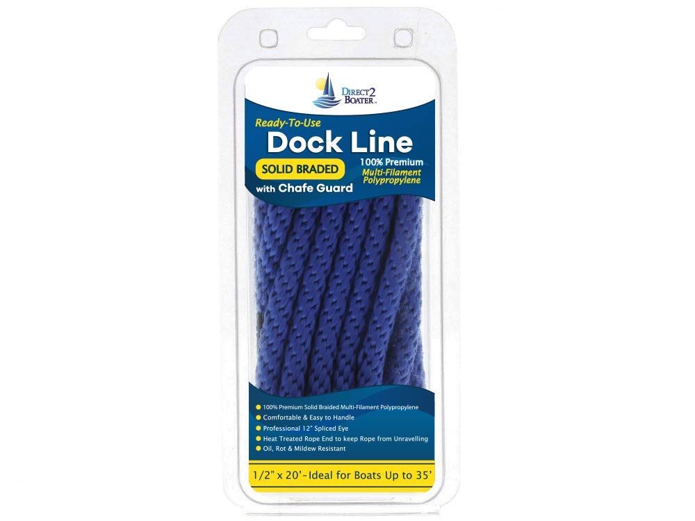Direct 2 Boater 1/2" x 20' Blue Solid Braided Polypropylene Dock Line w/Chafe Guard for Boats up to 35' - Boating Accessories