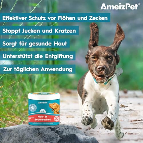 AmeizPet Floh Und Zeckenschutz Für Hunde, Zeckenschutz Hund, Anti Floh Hund Verstellbar Floh-Und Zecken Prävention, Verdauungsenzyme Für Alle Rassen Geeignet, 30 Hunde Leckerlis, 67.5g (2.3 Oz)