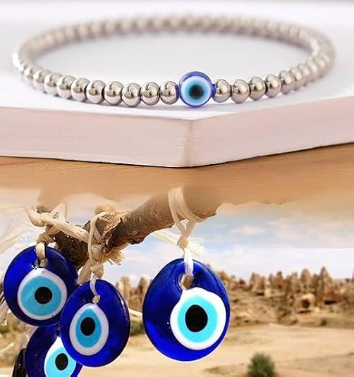 Evil Eye Bracelets for Women Silver Beaded Evil Eye Bracelet Exquisite and Fashionable Elastic Silver Bead Eyes Bracelets Jewelry