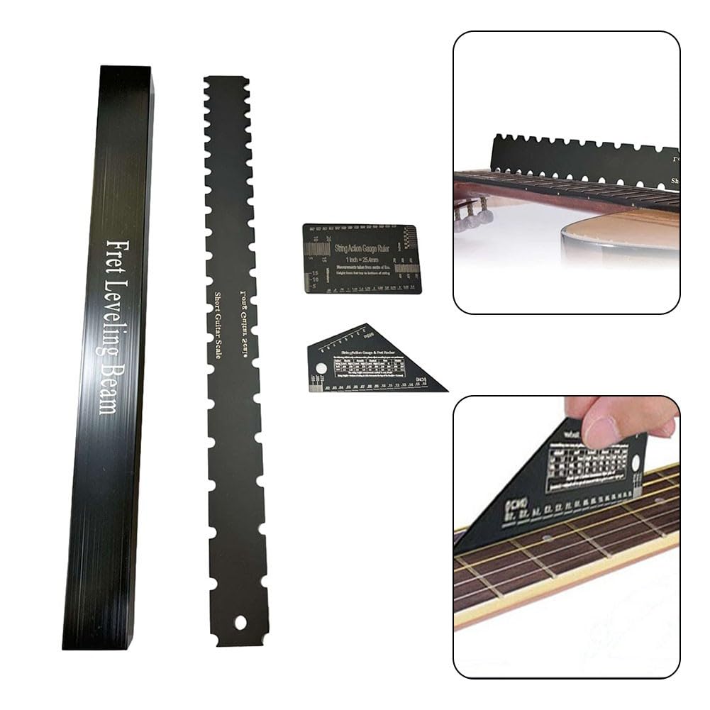 4-teiliges Gitarrenbauer-Werkzeug-Set, Edelstahl-Bund-Nivellierbalken, gekerbte gerade Kante, Saitenhöhe-Messgerät Lineal für Halsreparatur