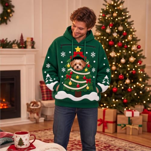 Christmas Hoodie with Dog Pouch Men Cute Fleece Hoodies Zipper Pockets - image 3