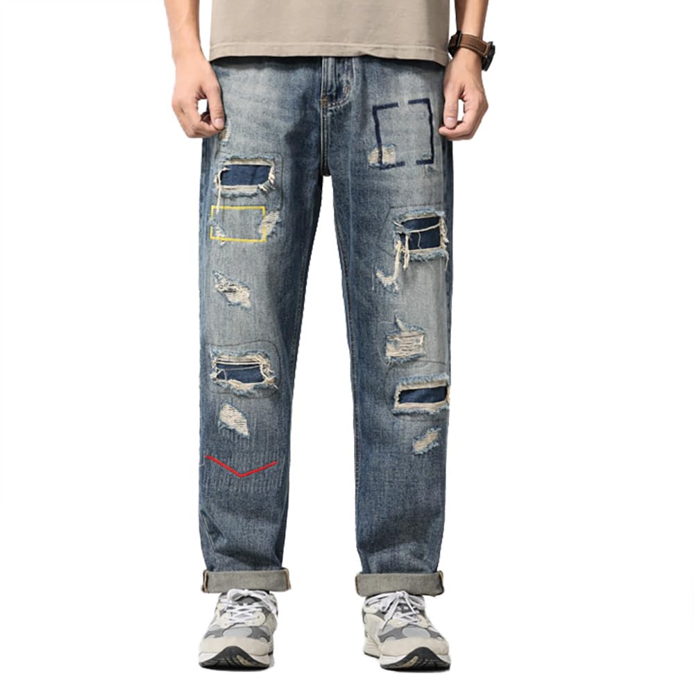 Pantalones vaqueros anchos Y2K, rasgados de estilo retro años 2000, Denim Baggy Vintage Streetwear pierna recta Skater y Hip Hop de gran tamaño, Azul 1#, 34
