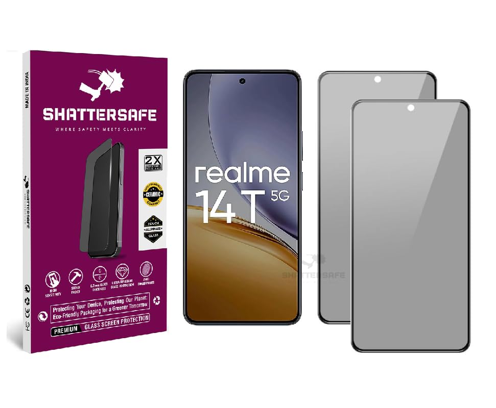 Image of Anti-Spy Privacy Tempered Glass Compatible For Realme 14T 5G [Pack of 2]. 9H Hardness, Anti-Scratch, Edge-to-Edge Protection With Easy Installation Kit & Case Friendly Fit.